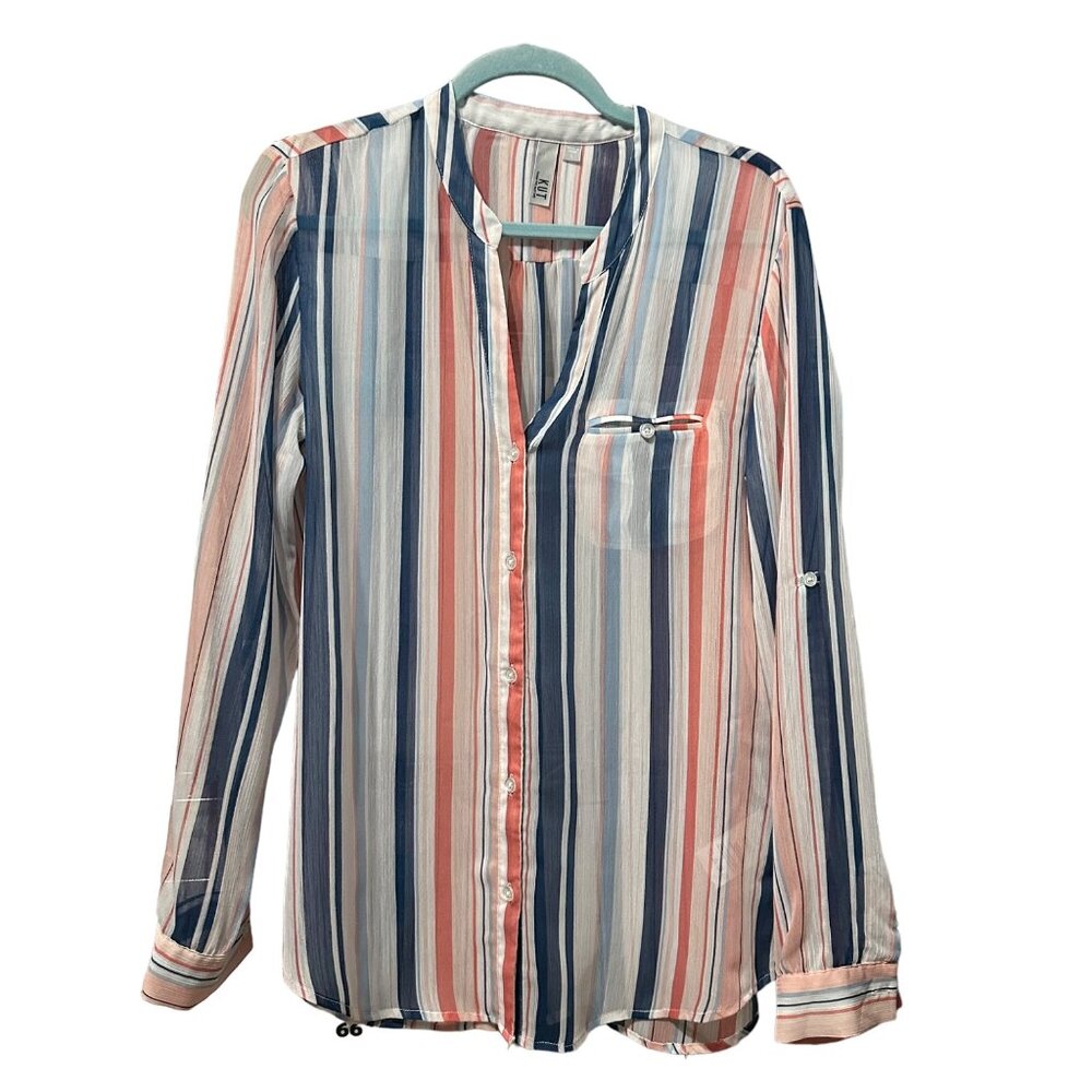 Kut From the Kluth size L blue stripe sheer button front v neck long sleeve top